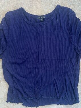 MM Couture Navy Ribbed Crop Tee with Lettuce Hem